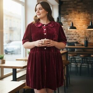 ModCloth Velvet Peter Pan Collar Dress Burgundy Womens Plus Size 26W Babydoll
